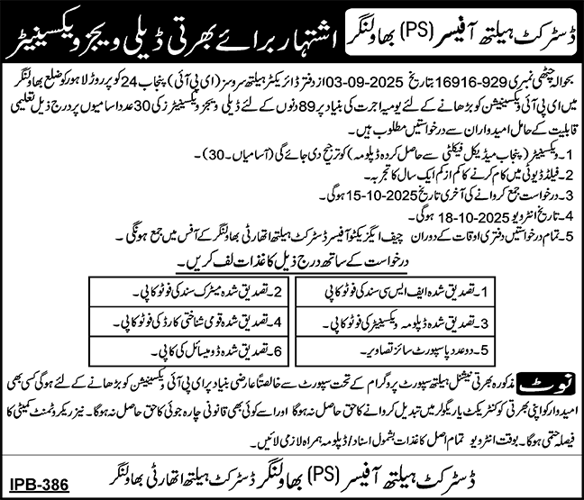 Health Department Bahwalnagar Jobs